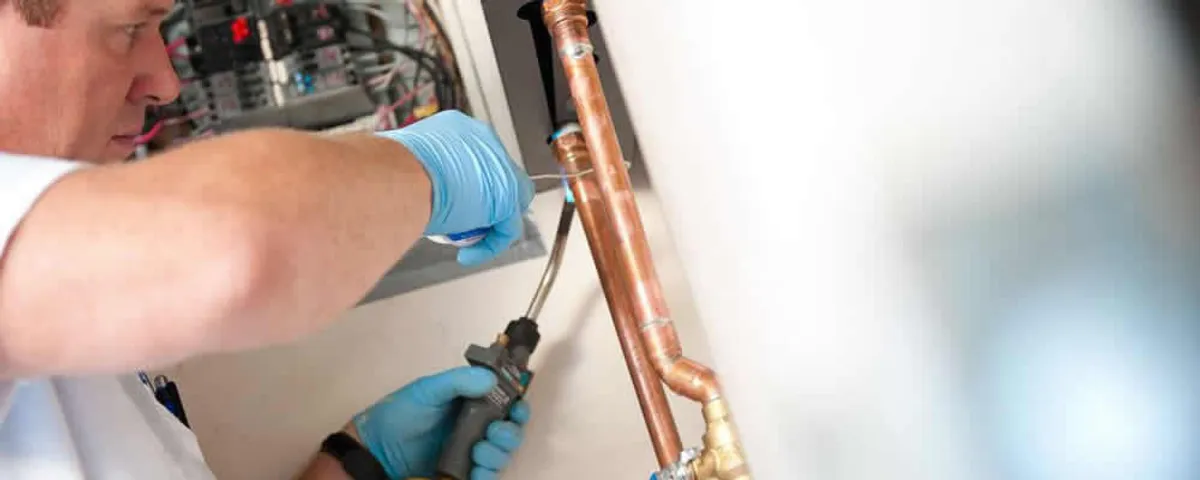 Water heater repair technician testing copper pipe connections and controls in Spokane, WA